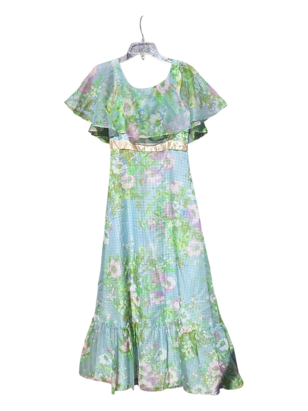 Vintage Floral Blue and Green Maxi Dress with Ruffle Cape Size S.